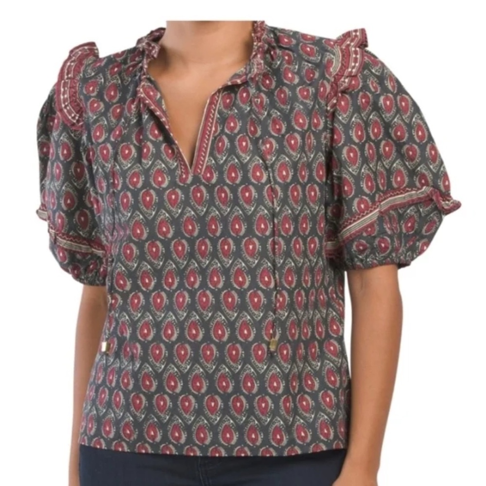 Jennifer & Grace Printed Puff Sleeve Paisley Blouse Sz L Tassels boho